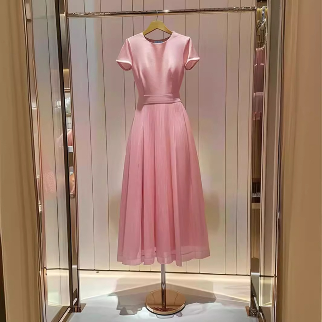 FL240363气质名媛高端女神范高级感粉色圆领修身显瘦连衣裙子女夏