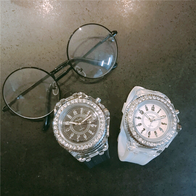 Luminous luminous personality rhinestone led Harajuku Korean fashion trend men and women students couple jelly quartz watch_voghion.com