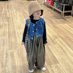 Women's Cowboy Vest Long Sleeve T-Shirt and Harlen Pants Three-Piece Set 2023 Spring and Autumn New Children's Casual Outfit