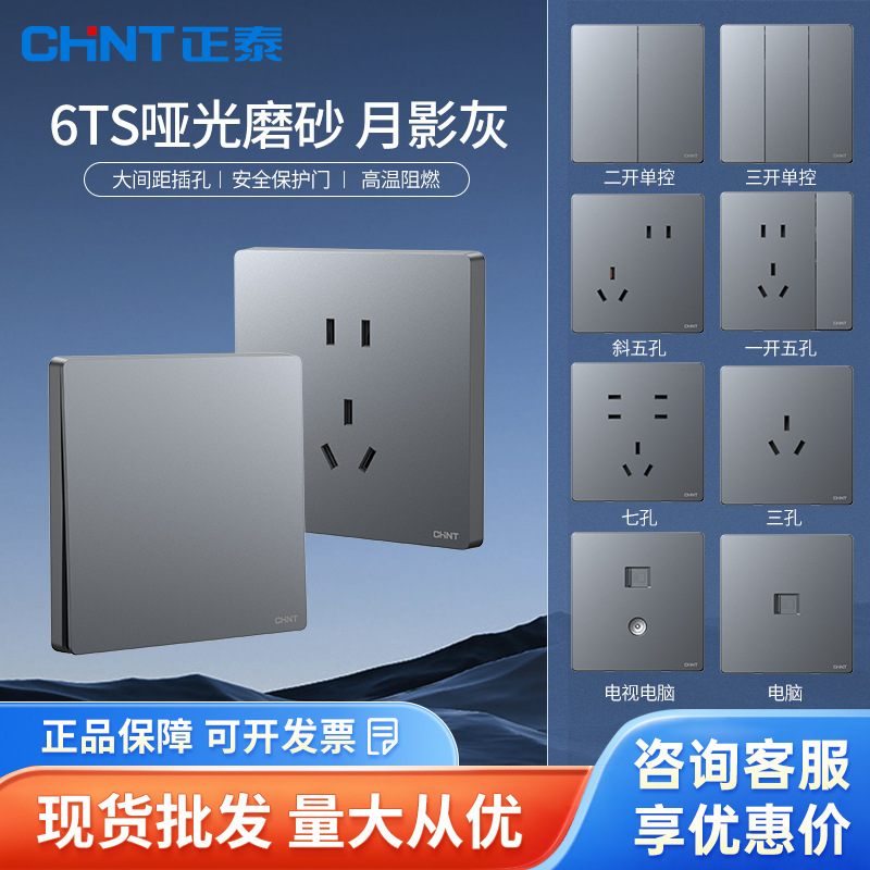正泰86型暗装墙壁开关面板6TS五孔插座一开单控USB插嵌入式家用