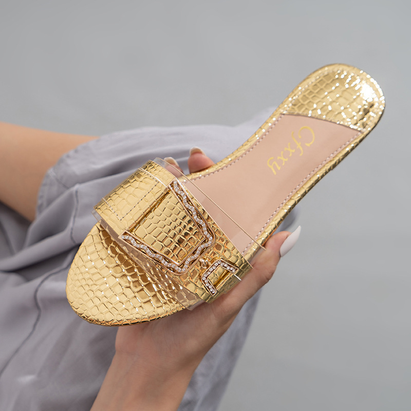Cfxxy Cross Border Stone Pattern Flat Women S Sandales Pantoufles Mode Strass Boucle De Ceinture_voghion.com