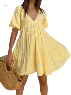 Women's Maternity Dress V Neck a Line with Puff Sleeves Cross-Border
