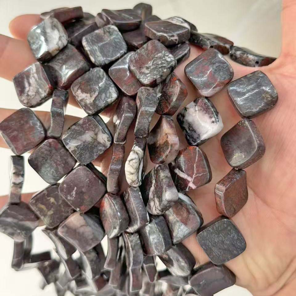 天然花红石16mm对角方珠黑白红纹DIY文玩手串项链半成品散珠批发