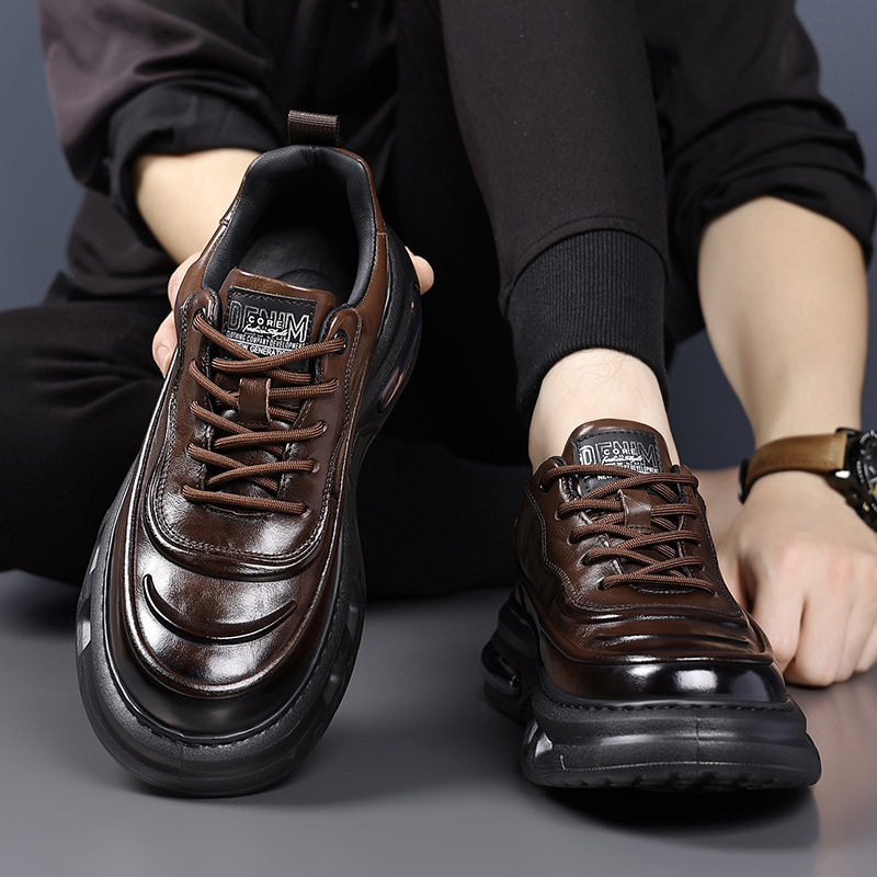 Giày sneaker nam da bò thật đế dày, giày thể thao thông thường thoáng khí đa năng — màu nâu, màu đen
