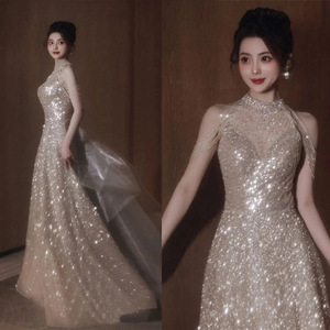 Golden morning gown， banquet performance host， sequined evening gown