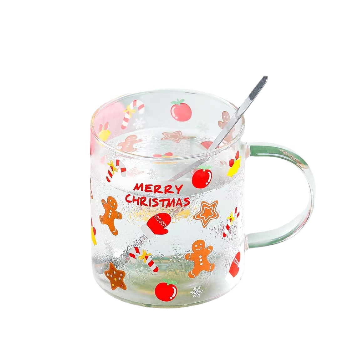 Taza de agua de vidrio de regalo de Navidad con tapa cuchara taza de consumición personalizada de dibujos animados taza de alta