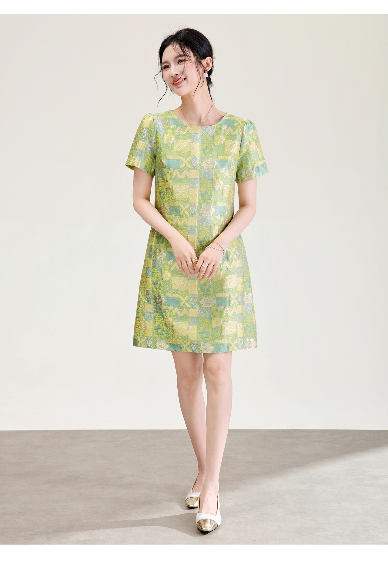 Đầm chữ A nữ jacquard họa tiết hoa nhí phong cách tiểu thư — màu hồng chi tiết 17