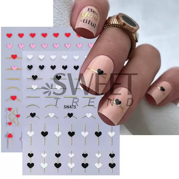 2025 Cross-border New Valentine's Day Nail Art Stickers 3D Metal Black and White Pink Love Simple Line Nail Stickers