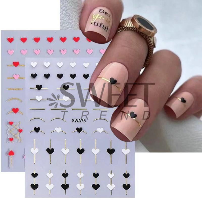 2025 Cross-border New Valentine's Day Nail Art Stickers 3D Metal Black and White Pink Love Simple Line Nail Stickers