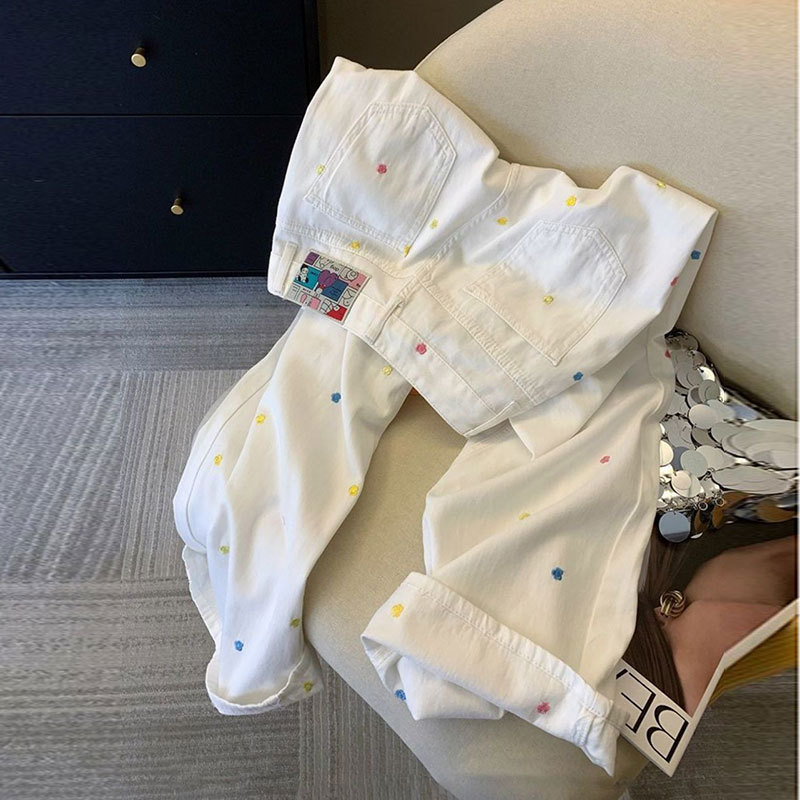 High Street Ins Trendy Off-White High-Waisted Belly-Controlling Outer Wear to Show Leg Length Student Holiday Outer Wear Wide-Leg Jeans for Women