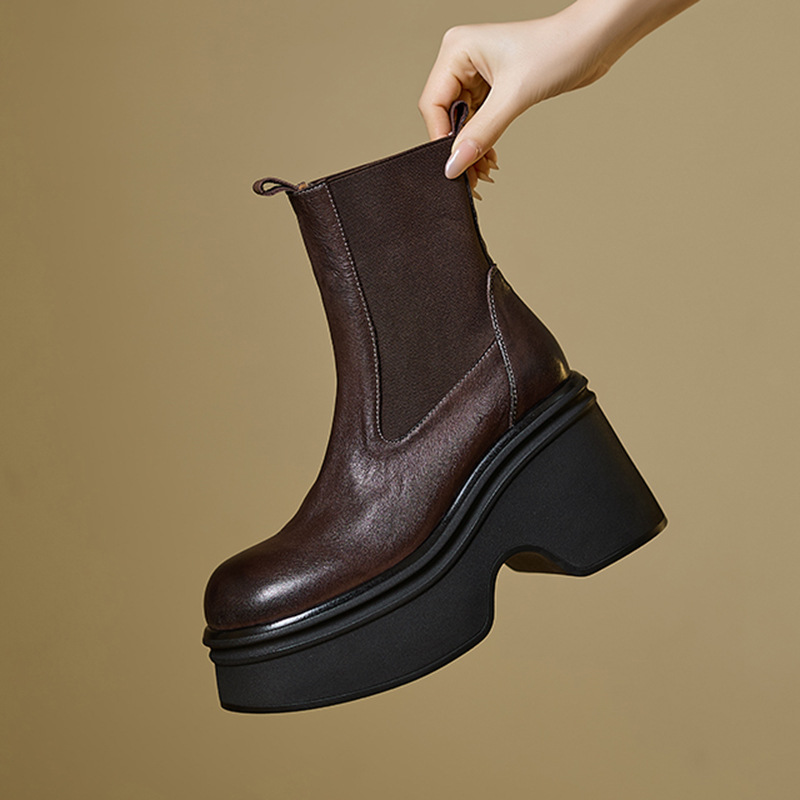 Boot Chelsea nữ da bò mũi tròn đế nêm siêu cao gót cổ ngắn mùa thu đông — Lớp lót nhung đen, đen, Lớp lót nhung màu nâu, nâu