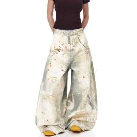 卓沅余景天同款美式复古3D打印牛仔裤珠宝链子长裤涂鸦直筒休闲裤