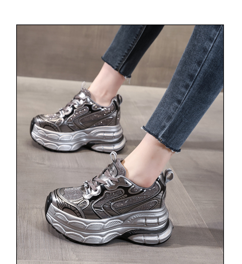 Giày sneaker nữ đế dày tăng chiều cao phối đá rhinestone — Màu đen chi tiết 15