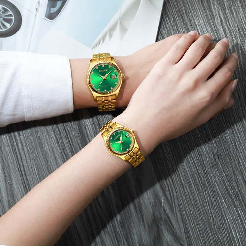 Morning Dawn Business Calendar Couple Watches Steel Strap with Gems Green Gold Foreign Trade Cross-border Live Streaming Manufacturer Wholesale Men and Women Matching Watches