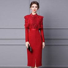 智丽高级感连衣裙秋季2025年新款漂亮水溶蕾丝长袖打底红色长裙子