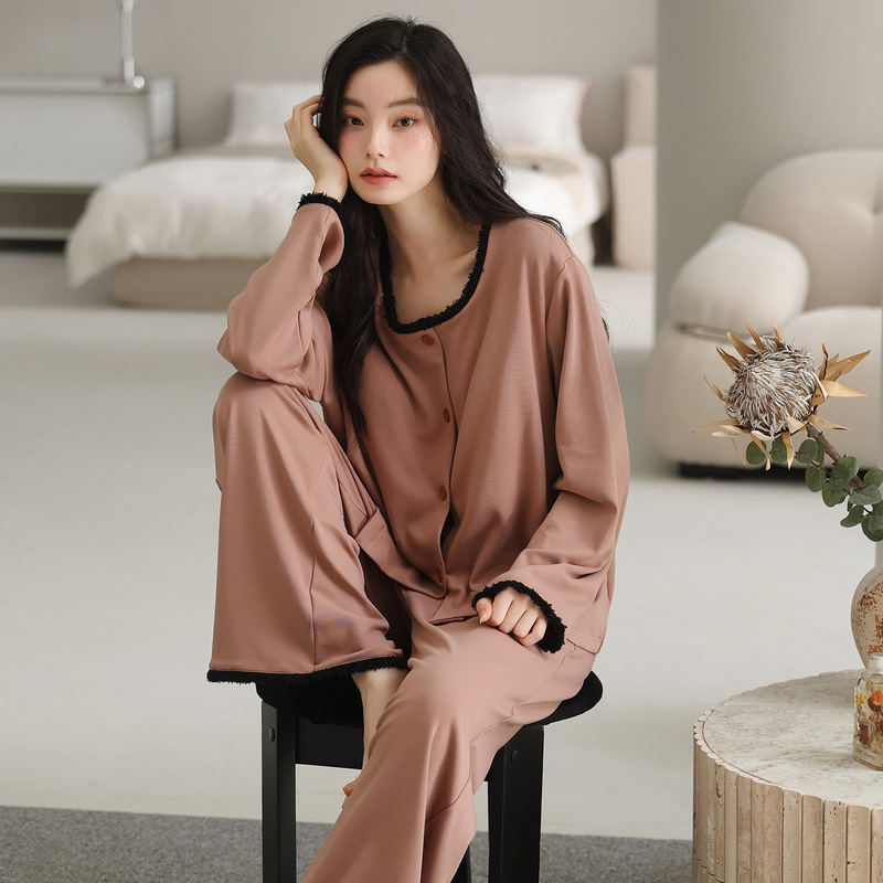 纯棉睡衣女2025新款春秋款爽棉开衫长袖简约大码家居服套装可外穿|undefined