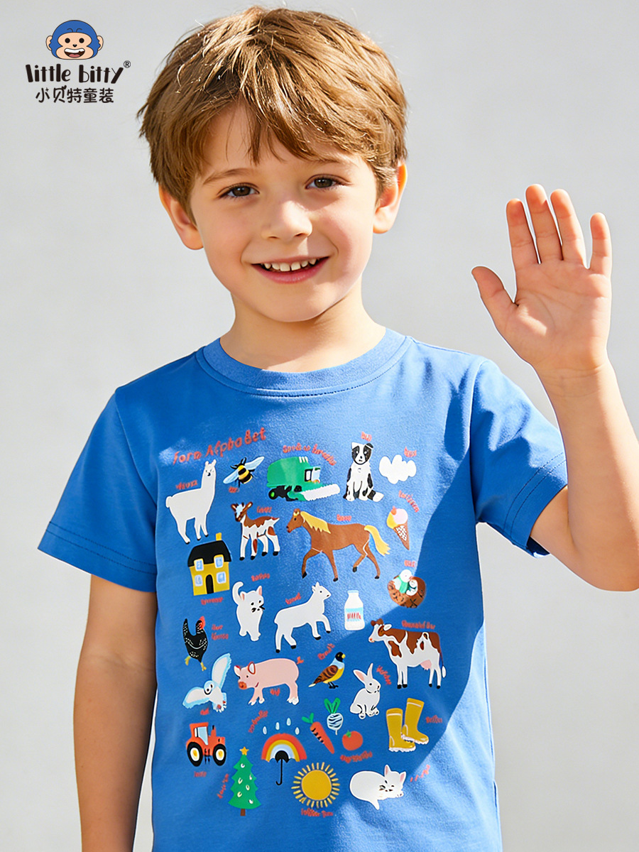 Spring/Summer 2026 European and American Style Boys' Short-Sleeve T-Shirt with Cartoon Animal Print, Round Neck, Children's Top, In-Stock Children's Clothing