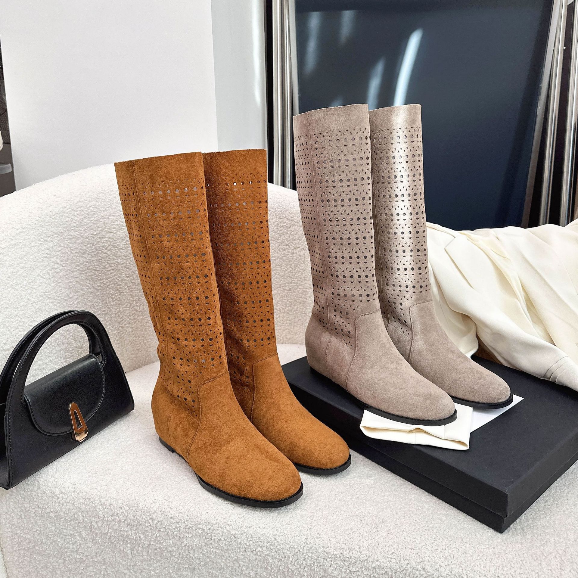 Botas Altas de Caballero para Mujer de 5 cm, Superfibra y Caucho, Hueco, Aumento de Estatura