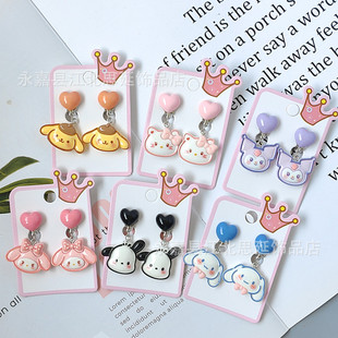 New style earless pendant student ear clip cartoon cat puppy resin accessories children cute love earrings