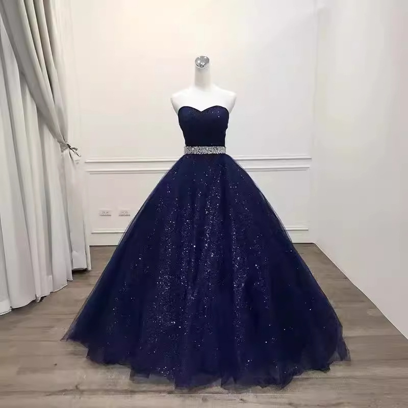 2026 Navy Blue Dress Summer Strapless Long Gown Evening Performance Banquet Evening Dress Bride Wedding Toast Dress