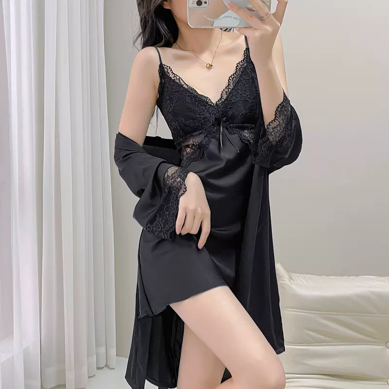 2024新品睡衣女春秋薄款冰丝绸吊带睡裙睡袍两件套装带胸垫纯欲风