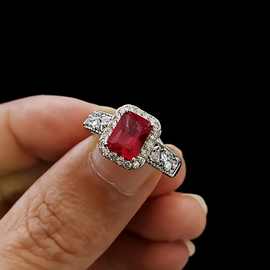 小红书同款仿长方形天然红宝石开口戒指欧美跨境时尚培育彩宝指环