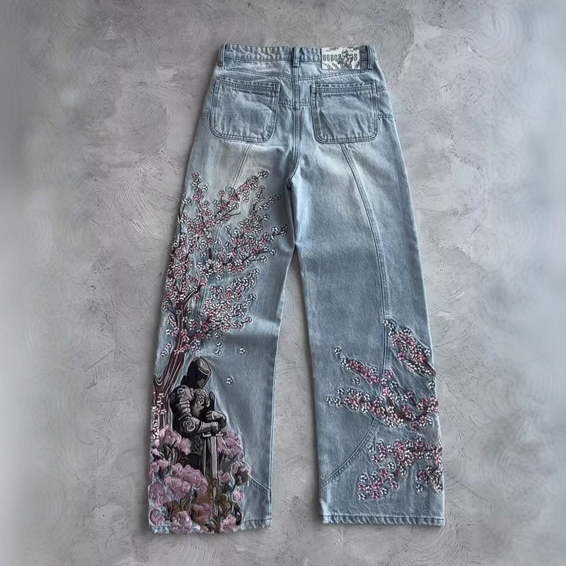 European and American Cross-Border Heavy-Duty Floral Embroidery Jeans Unisex Y2K High Street Fashion Street Straight-Leg Floor-Length Pants
