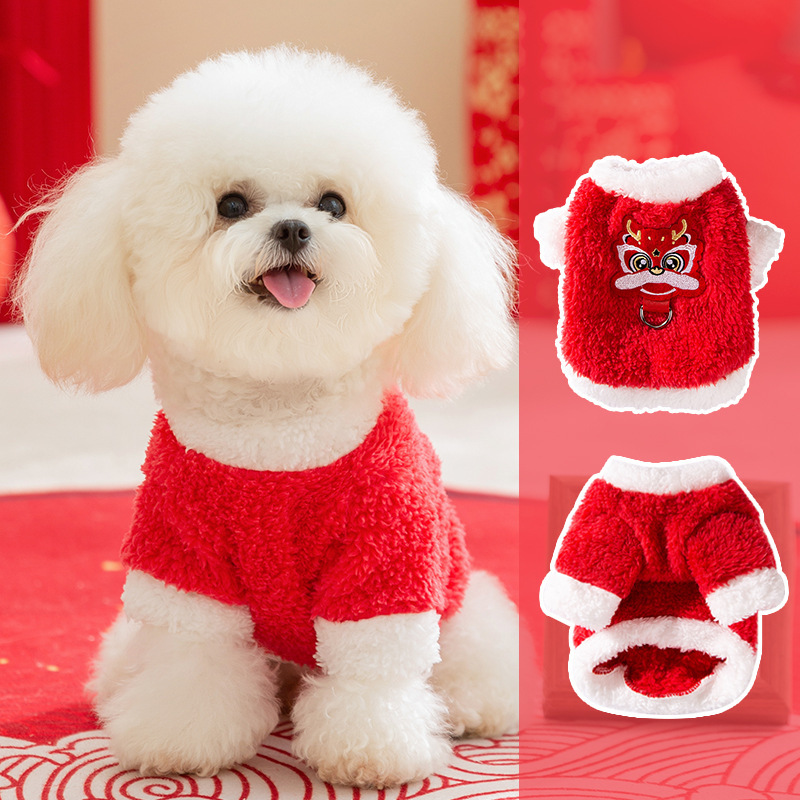 Año Nuevo rojo feliz Año Nuevo pegatinas de camisa de seda de dos patas perros pequeños que osos mascotas perros ropa de gato