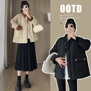 Maternity Wear Winter New Diamond-Shaped Grids Brushed Splicing Outer Wear Korean Style Preppy Style Thickeneded Maternity Cotton Outwear Autumn