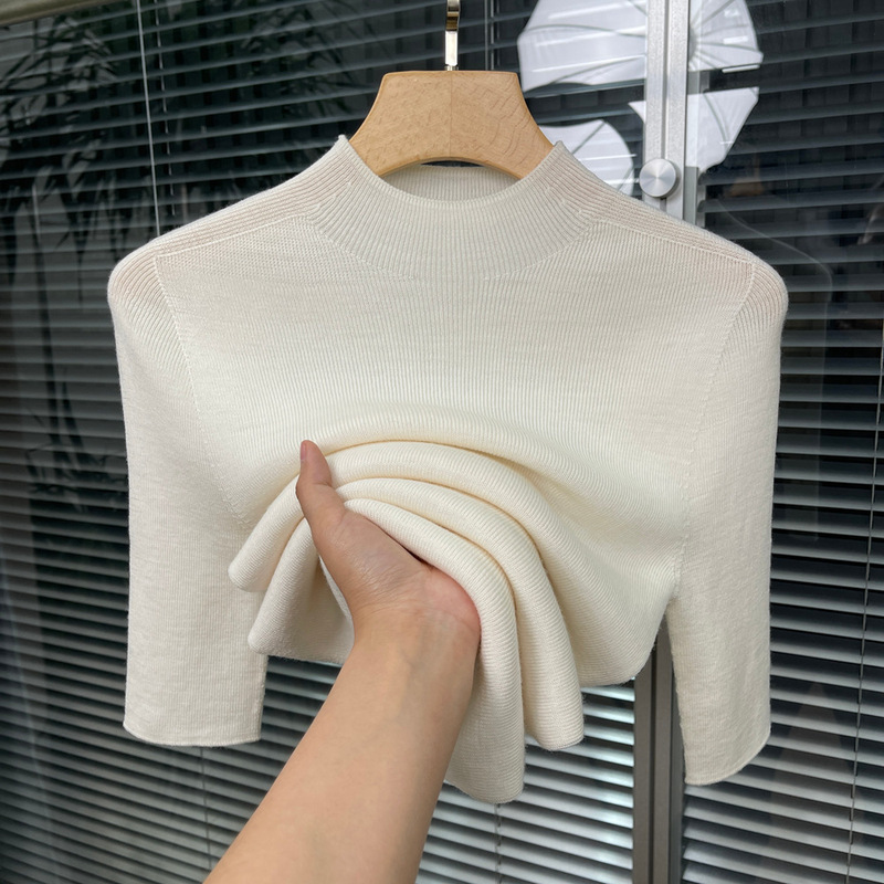 Half Turtleneck Quarter-Sleeve Knitwear for Women 2024 Spring and Autum New Style Inner Mid-Sleeve Elegant Bottoming Shirt Tight Top