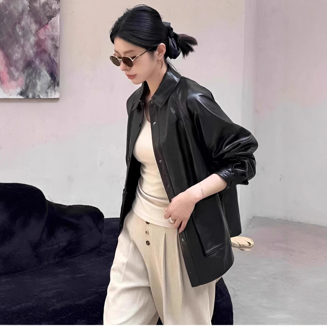 [Texture and Accent] Vegetable-Tanned Goatskin Genuine Leather Shirt Women's Shirt Mid-Length Casual Loose Silhouette Jacket New