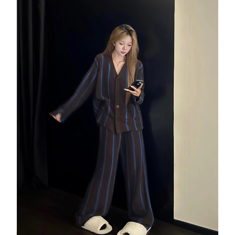 韩系条纹半边绒睡衣女款冬季新款保暖加绒加厚长袖家居服套装大码|undefined