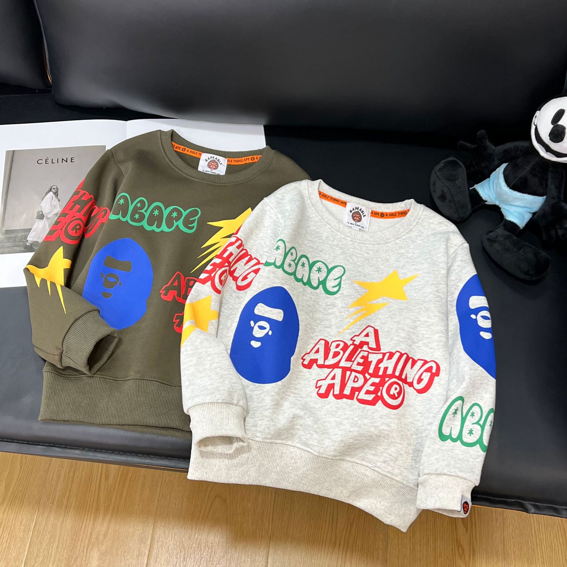 Children's Spring New Trend Brand Casual Pure Cotton 24C015 Round Neck Hoodie Cartoon Print Qingdao Monkey Clothing