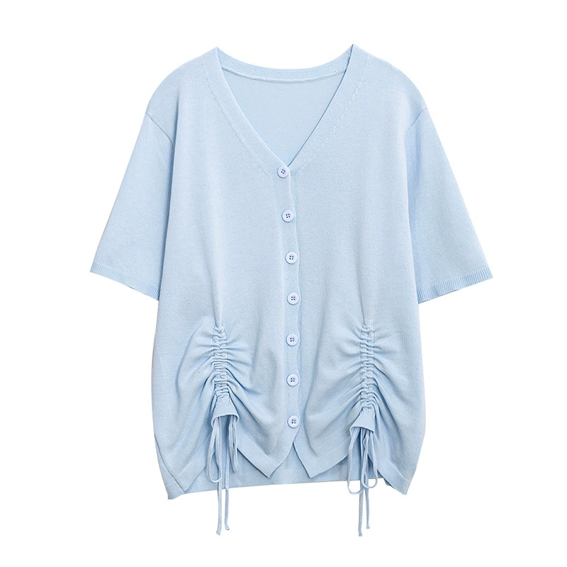 knitted Summer T-shirt Cardigan, plus size V-neck with drawstring, short sleeve