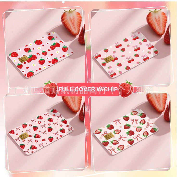 Трансграничные розовые клубничные банки с бантиком, наклейки для банковских карт, дебетовые карты, наклейки для кредитных карт, 4 различных декоративных наклейки