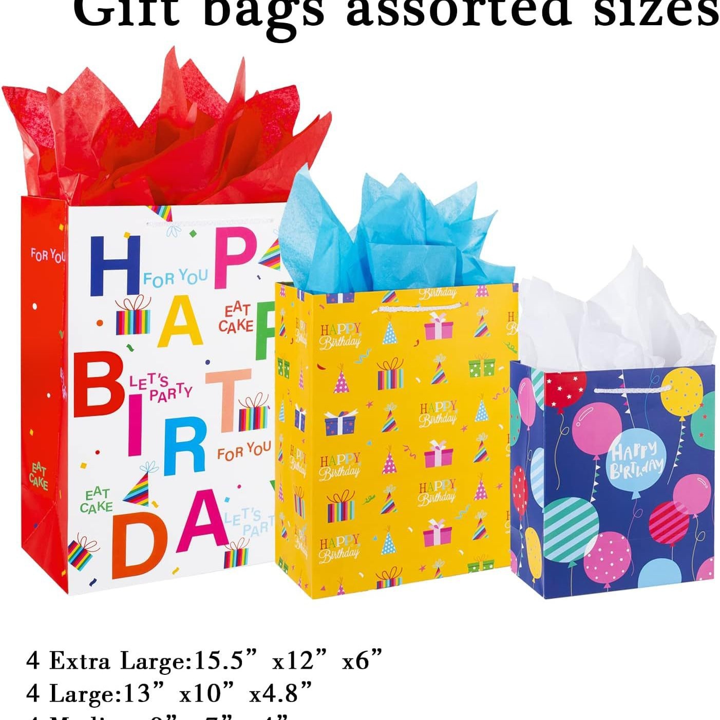 Bolsas de regalo de cumpleaños con mano y toallas, 12 bolsas de regalo, varios tamaños y diseños, grandes, cajas de regalo