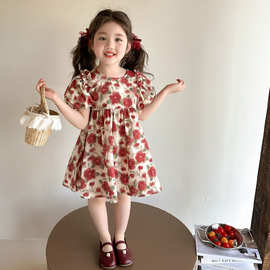 女童连衣裙夏季2025新款女宝宝玫瑰花小女孩公主裙儿童泡泡袖裙子