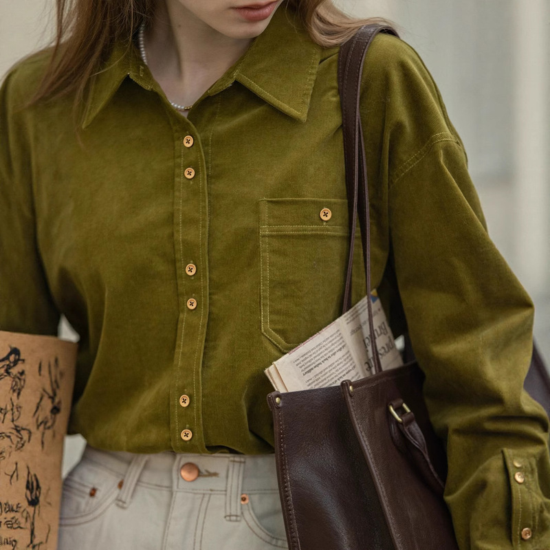 Dailyart French Layered Corduroy Shirt for Women, Vintage Top, Niche Brushed Shirt, Retro Workwear