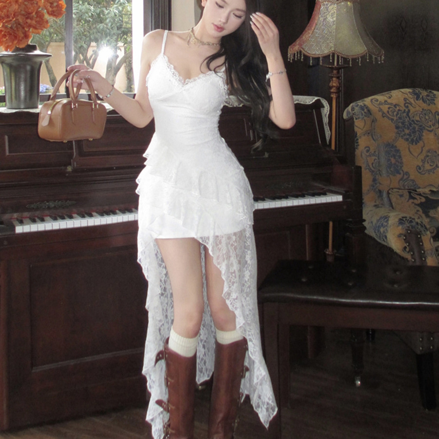 French Lace V-Neck Suspender Dress for Women 2026 Summer New Style Asymmetrical White Stunning Waist-Cinching Mid-Length Dress