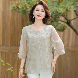 Mom's Summer Clothes 2025 New Summer Style Wide Lady's Style Chiffon Shirt Middle-Aged and Elderly Women's Short-Sleeved T-Shirt Tops