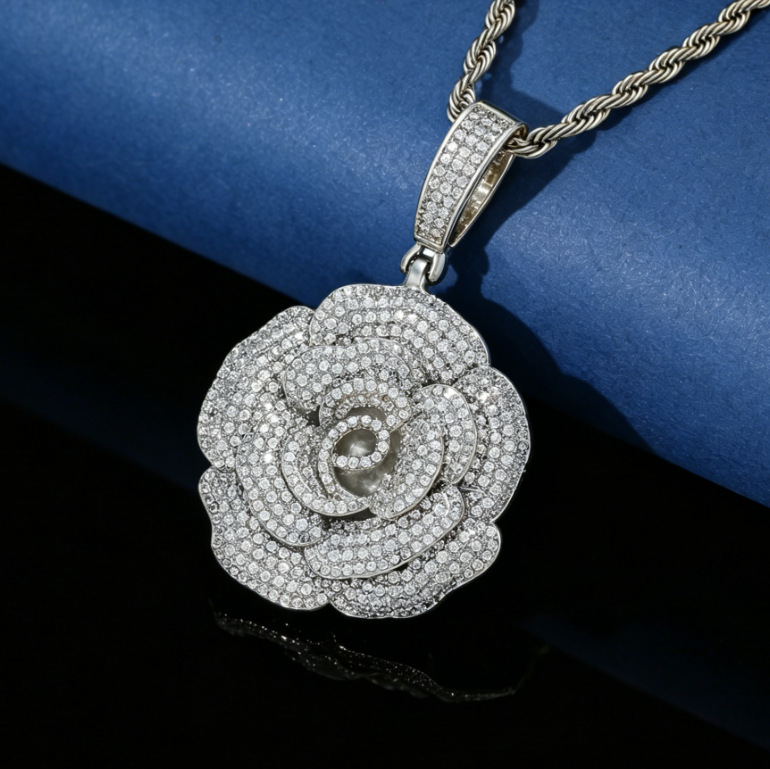 Europa y América hip-hop bronce rosa de piedra colgante personalidad de diamante completo moda collar de joyería transfronteriza al por mayor
