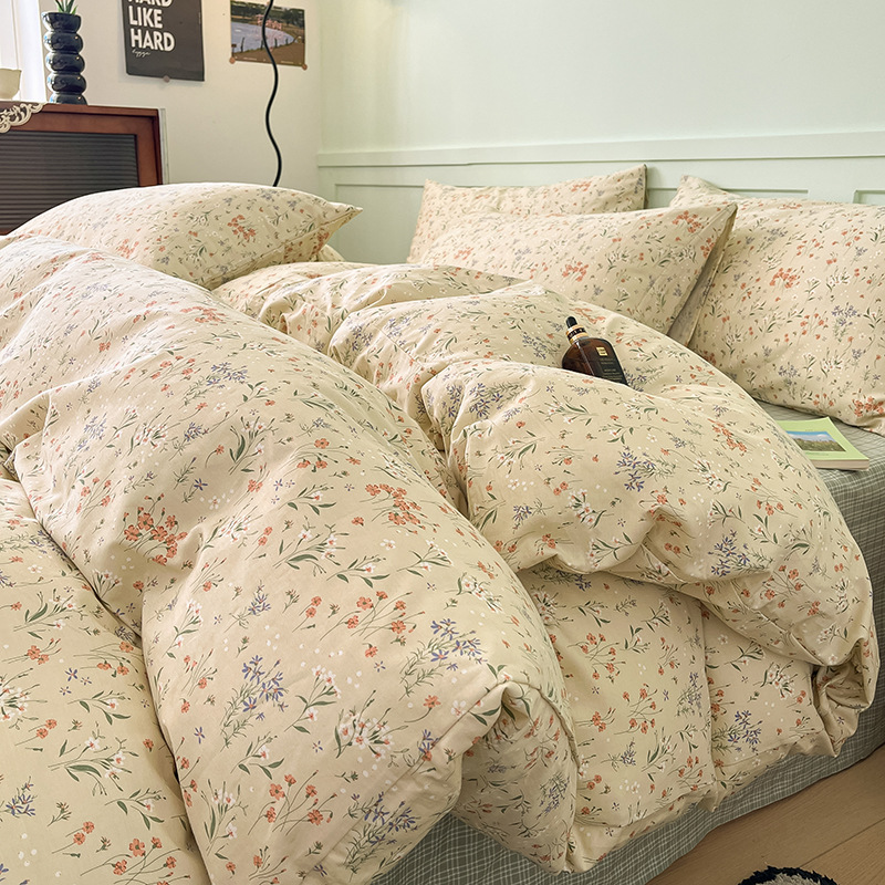 Nuevo algodón de cuatro piezas con flores cortas estilo nórdico sábanas de algodón retro de cuatro piezas con tres piezas