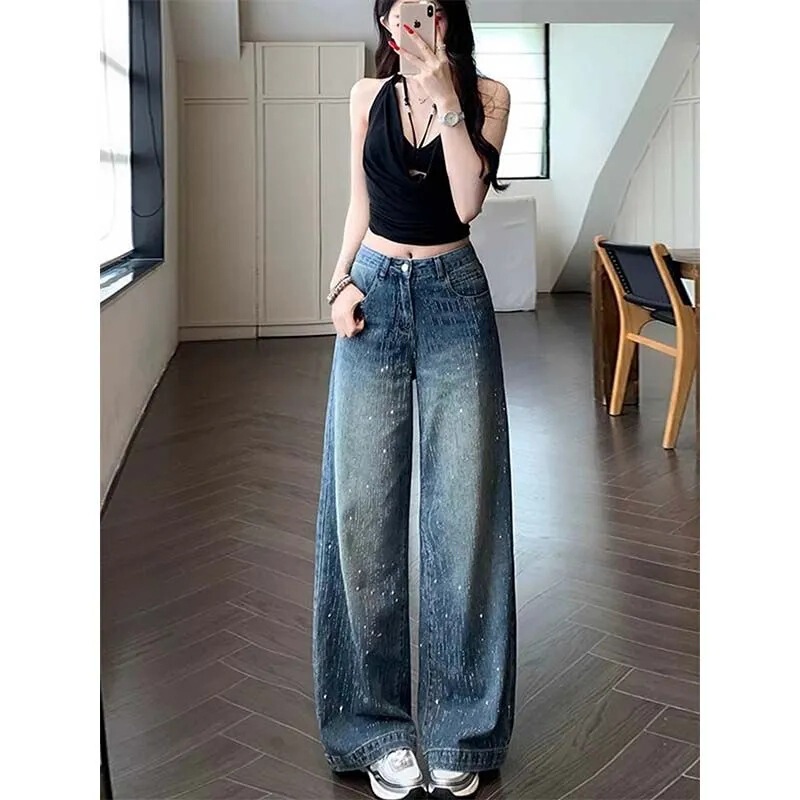 American-Style Sparkling Design Rhinestone-Embellished Flared Wide-Leg Jeans for Women, 2026 Spring New Slim-Fit Straight Pants