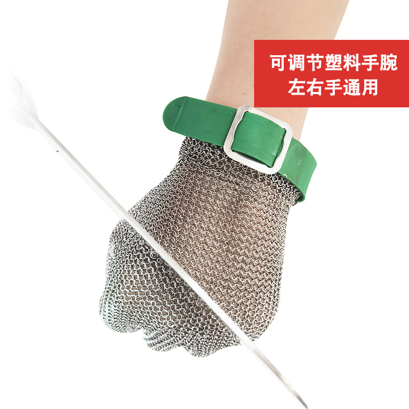 En stock de metal anti-corte de acero inoxidable guantes de hierro anti-corte de hueso máquina de aserrar peces matando guantes de anillo de acero de cinco dedos de corte