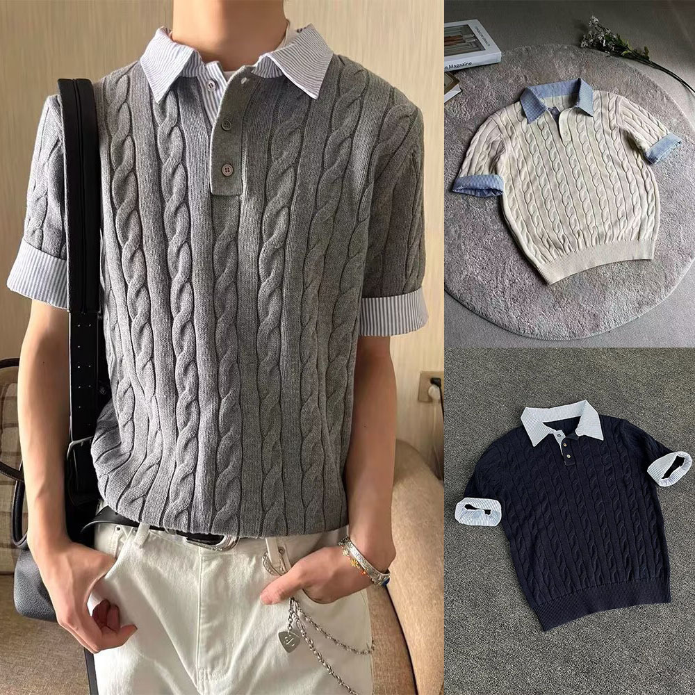 Polo camisa de punto camiseta de manga corta camiseta masculina falsa camiseta de dos piezas entrelazado viejo dinero viento hielo seda fábrica transfronteriza al por mayor