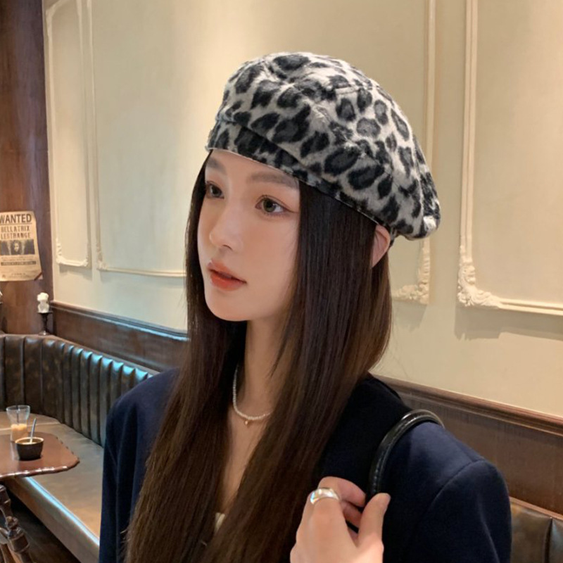 豹纹贝雷帽子女秋冬季文艺复古秋冬八角帽网红个性百搭画家报童帽|undefined