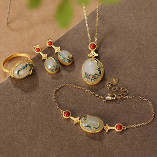 Ring jade, earrings, bracelet, light luxury style, silver 925 sample, Chinese style
