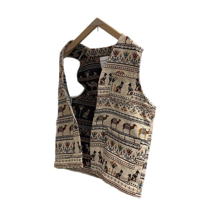Nuevo cross-border jacquard de doble cara pesado estilo nacional retro V-collar chaleco casual japonés para hombres y mujeres chaqueta pequeña de marea