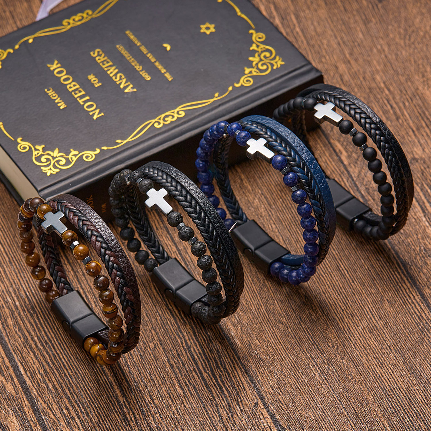 Cross-border hot vintage men's multi-layer hand-woven bracelet natural stone leather men's bracelet leather beaded bracelet