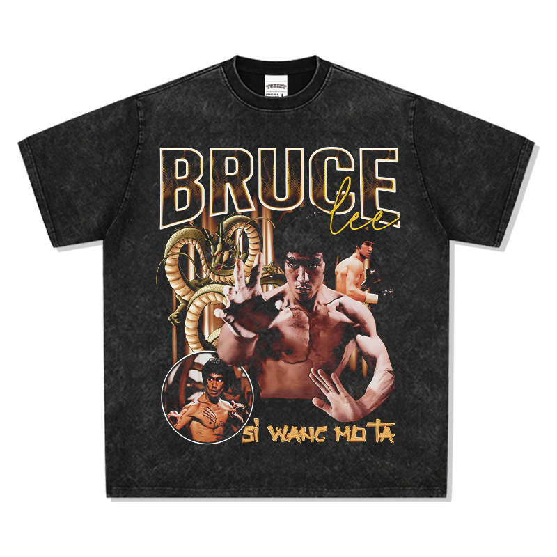 New Bruce Lee American Retro Vintage Washed Distressed Long and Short Sleeve Heavy Loose T-Shirt New Bruce Lee American Retro Vintage Washed Distressed Long and Short Sleeve Heavy Loose T-Shirt
